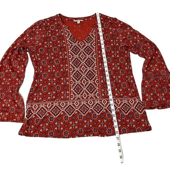 Lucky Brand Boho Bell Sleeve Top Rust Geometric Pattern V-neck Blouse Women Med - Picture 5 of 9